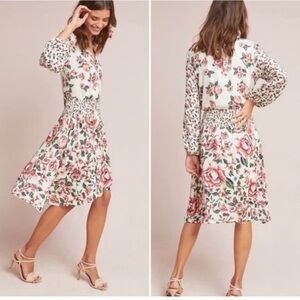 Farm Rio Anabela Dress Small Floral Smocked Knee Length Tassel White Pink